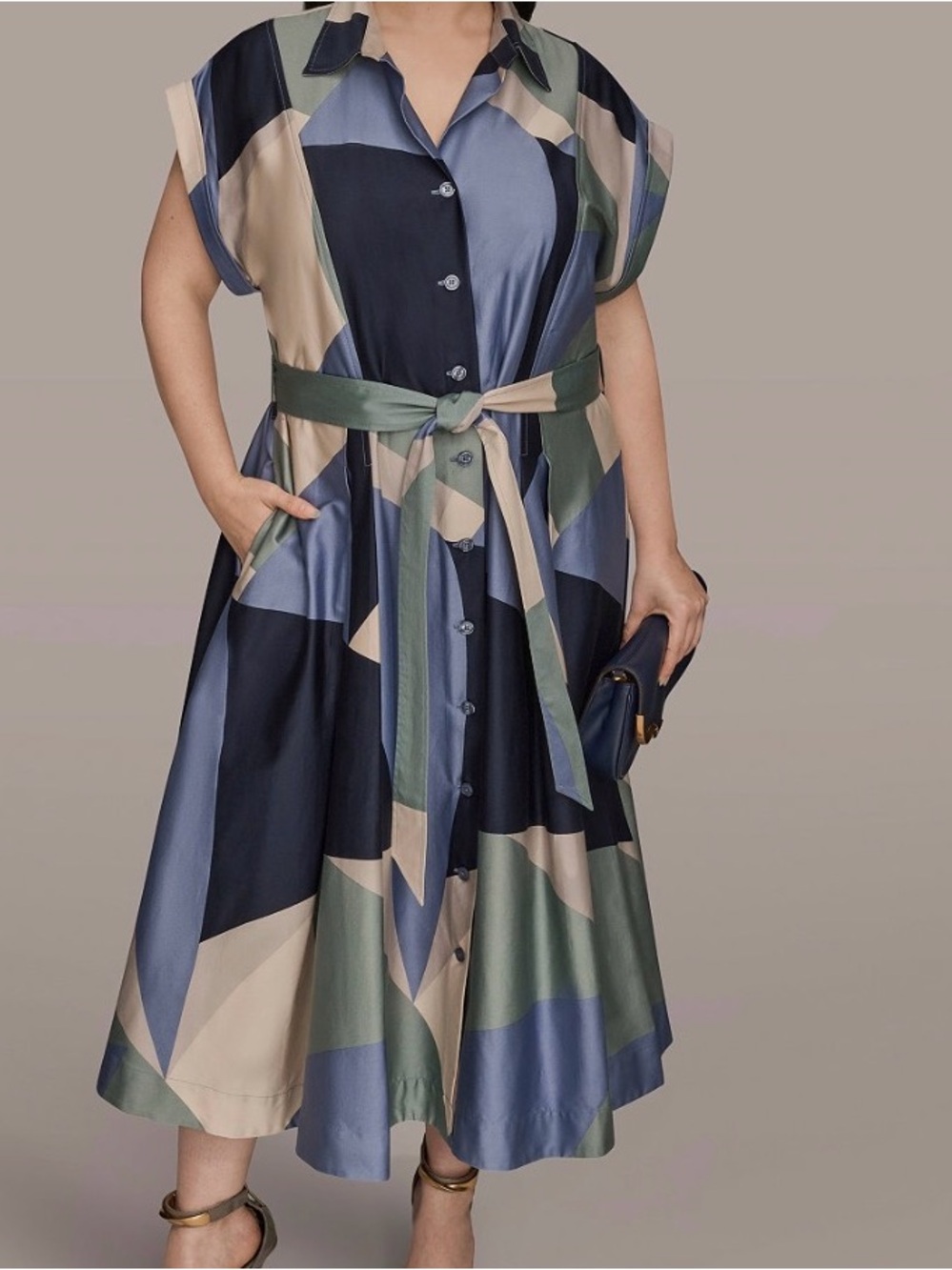 Donna Karan Geometric Colorblock Midi Dress — Blue, Green & Beige